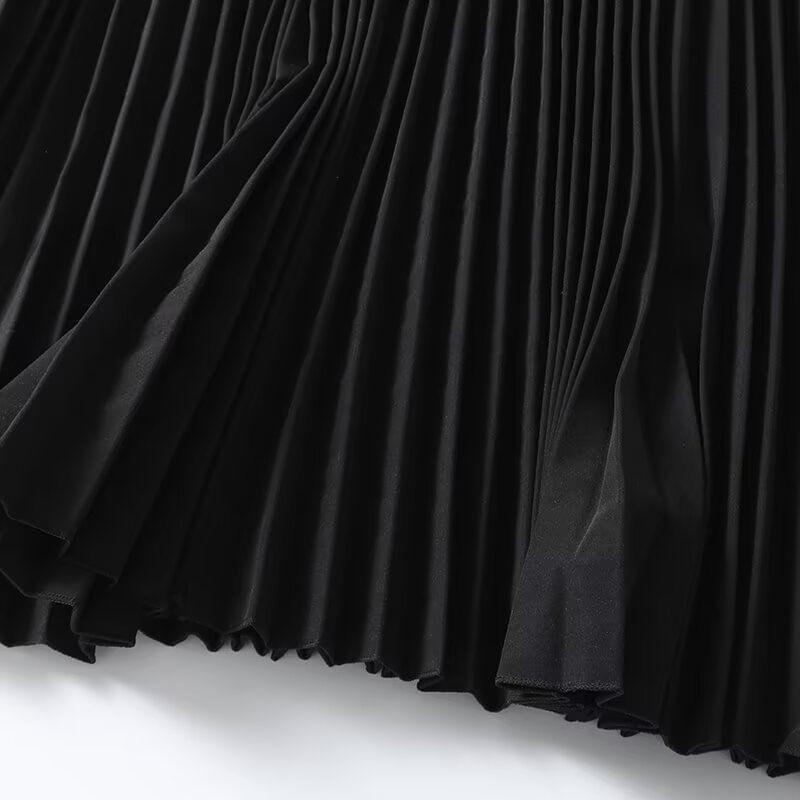 High Rise Faux Leather Panel Accordion Pleated Midi A-Line Skirt Product Image
