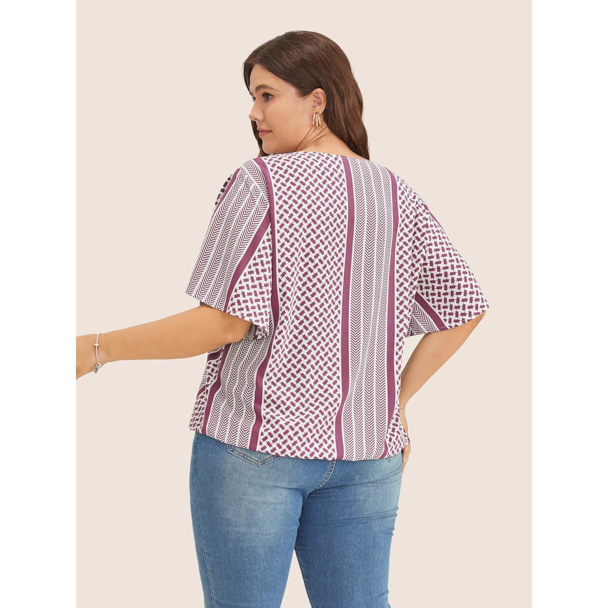 Plus Size RedViolet Geometric Contrast Ruffle Sleeve Wrap Blouse Women Resort Short sleeve Overlap Collar Vacation Blouses BloomChic 28/5X Product Image
