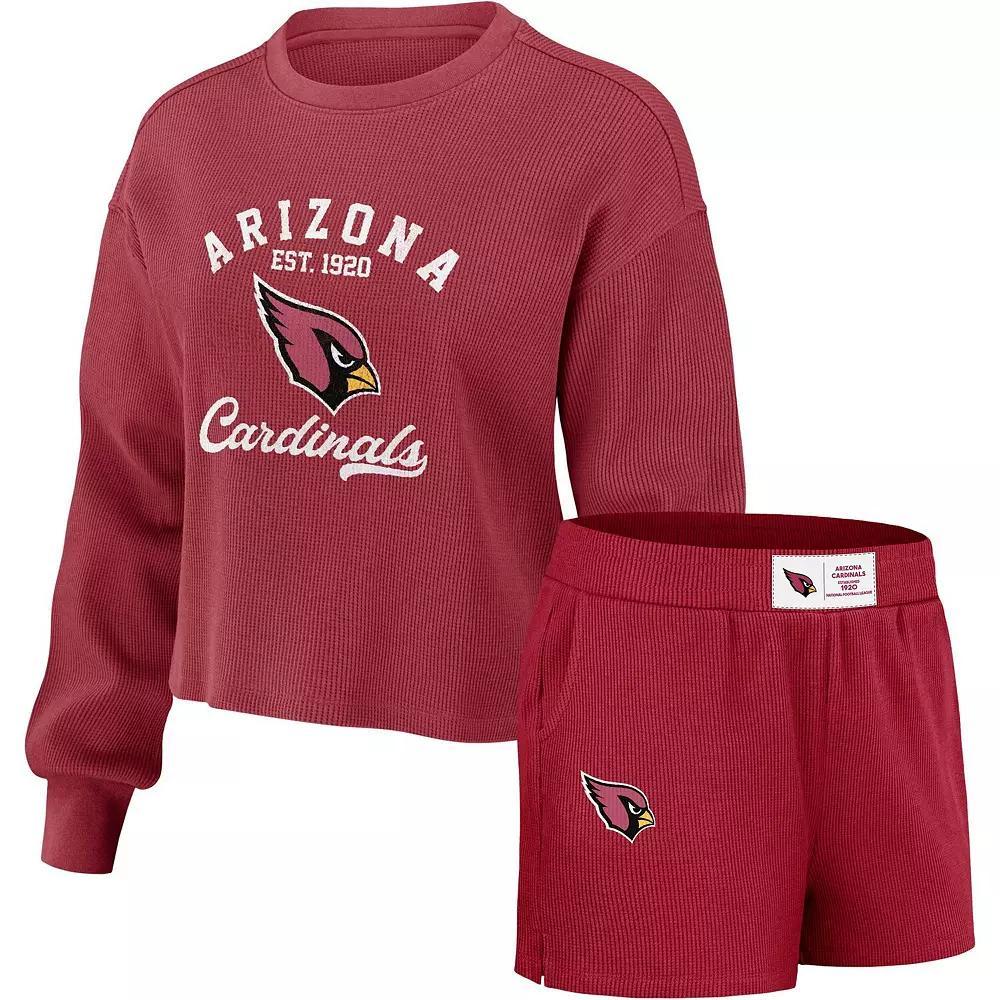 Women's WEAR by Erin Andrews Cardinal Arizona Cardinals Waffle Knit Long Sleeve T-Shirt & Shorts Lounge Set, Size: 2XL, Red Product Image