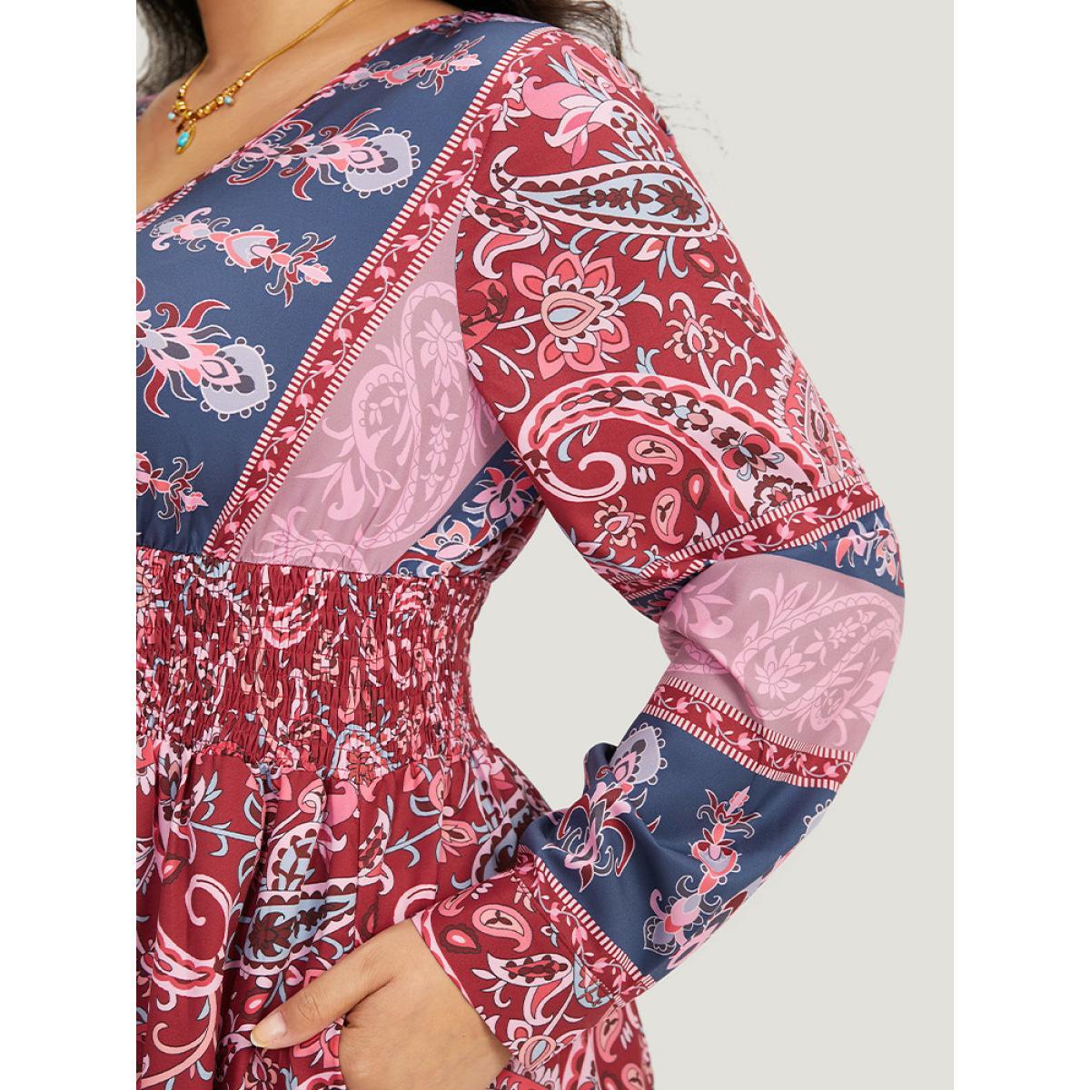 Plus Size Bandana Print Pocket Shirred Bowknot Dress Scarlet Women Vacation Cross straps V-neck Long Sleeve Curvy Midi Dress BloomChic 18-20/2X Product Image