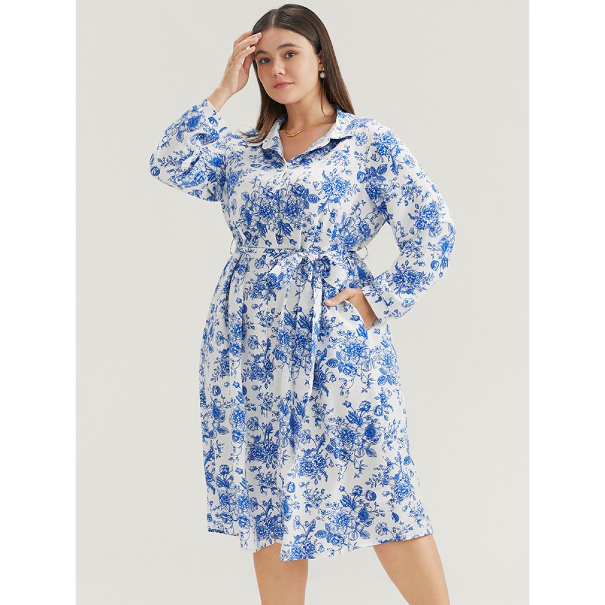 Plus Size Floral Button Up Pocket Belted Lapel Collar Dress WhiteSmoke Women Office Belted Lapel Collar Long Sleeve Curvy Knee Dress BloomChic 22-24/3X Product Image