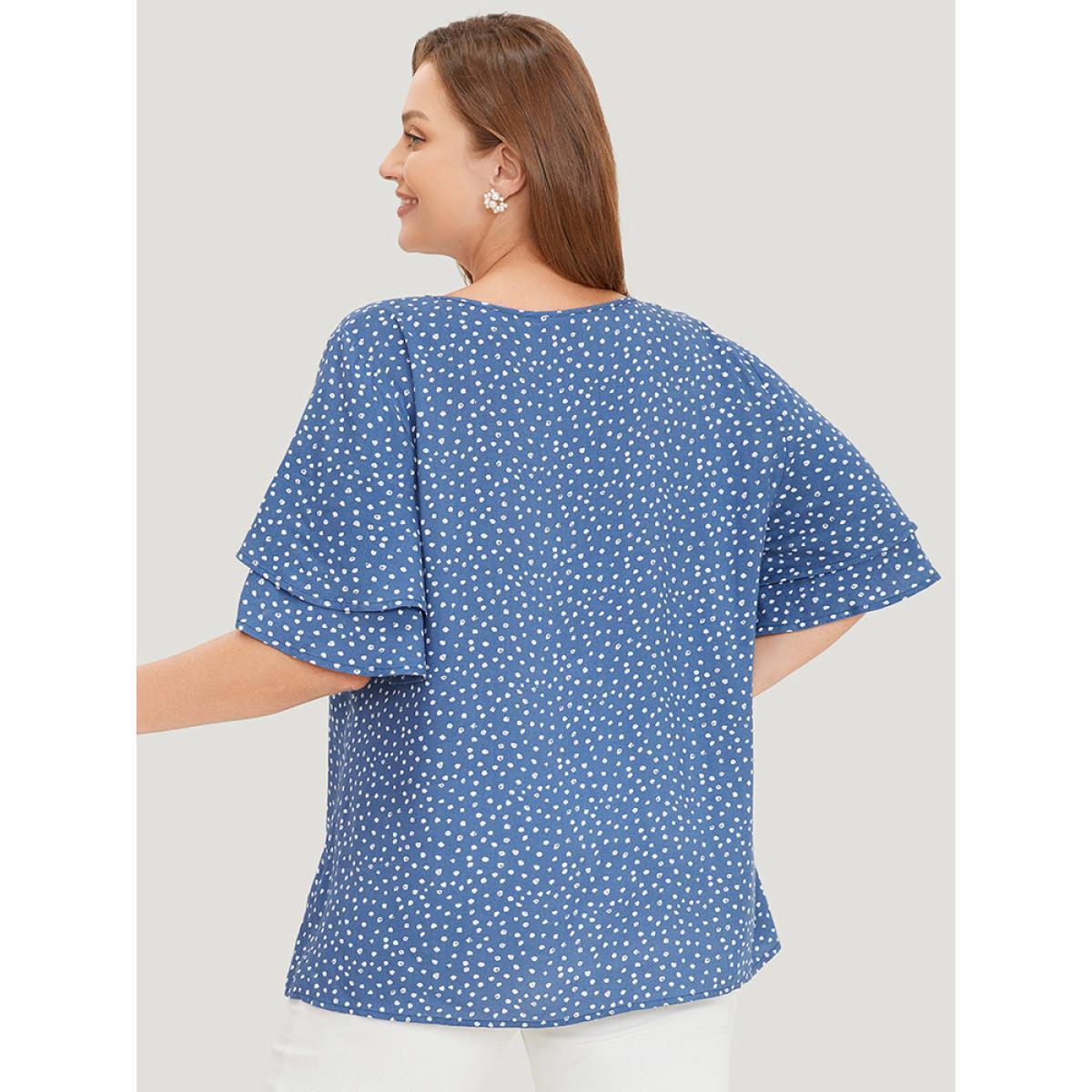 Plus Size Cerulean Polka Dot Flutter Sleeve Layered Blouse Women Elegant Half Sleeve V-neck Dailywear Blouses BloomChic 14-16/1X Product Image