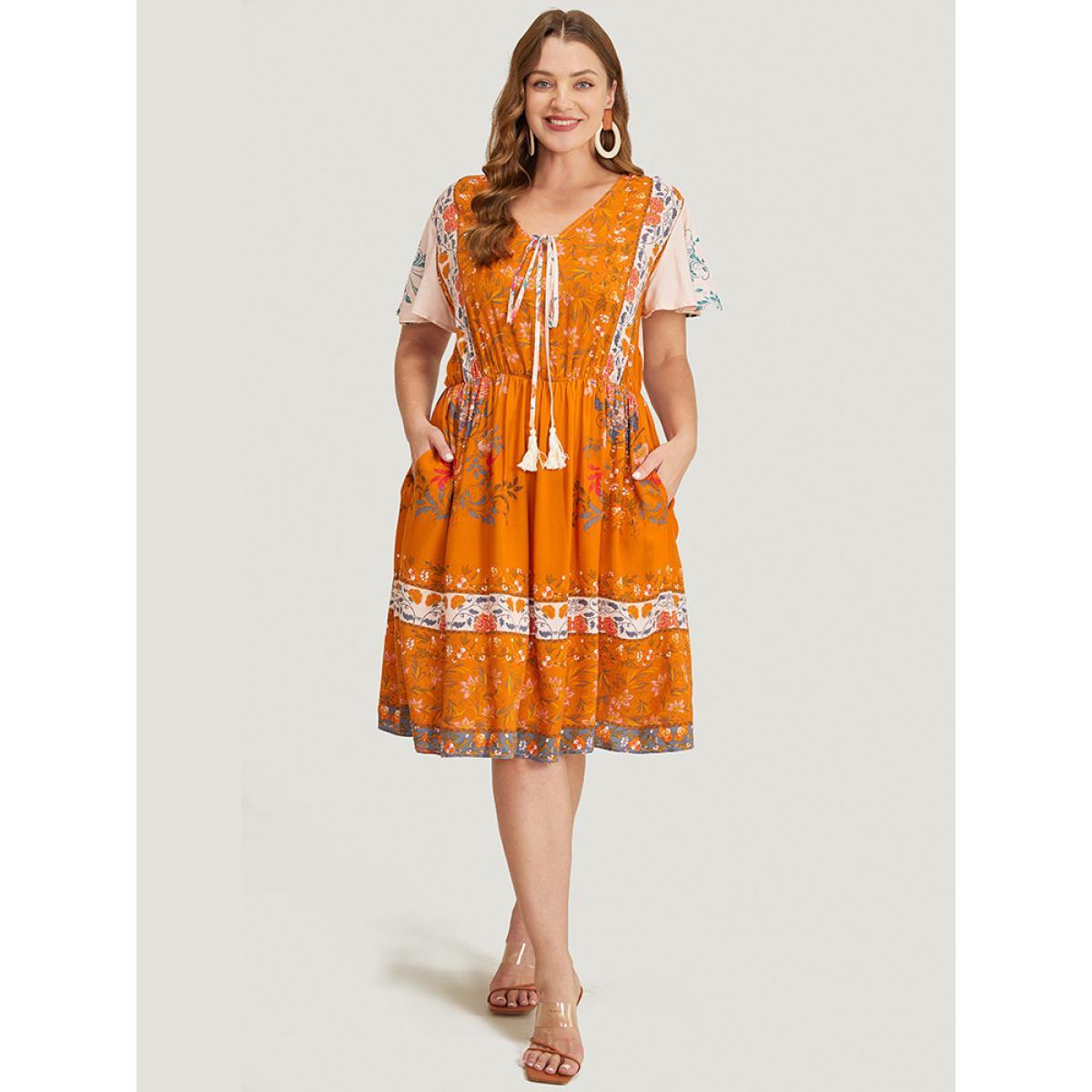 Plus Size Bandana Print Ruffle Sleeve Pocket Tie Neck Tassels Dress Coral Women Vacation Tassels Tie Neck Short sleeve Curvy Knee Dress BloomChic 14-16/1X Product Image