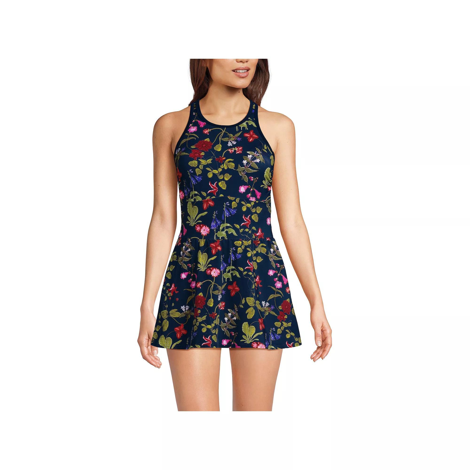 Women's Lands' End Tugless High Neck Swim Dress Swimsuit, Size: 10, Papaya Orange White Product Image