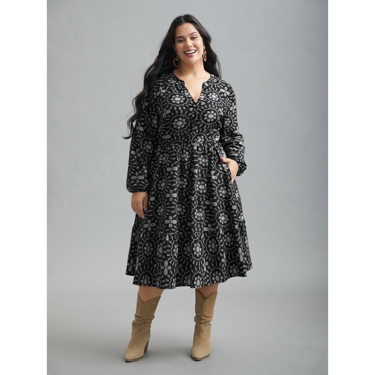 Plus Size Notched Collar Print Tiered Midi Dress Black Women Resort Non Flat collar with V-notch Elbow-length sleeve Curvy BloomChic 18-20/2X Product Image