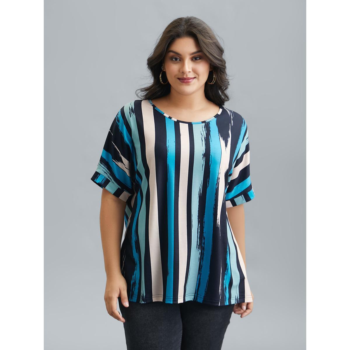 Plus Size Striped Print Dolman Sleeve T-Shirt Multicolor Women Casual Contrast Round Neck Everyday T-shirts BloomChic 14-16/1X Product Image