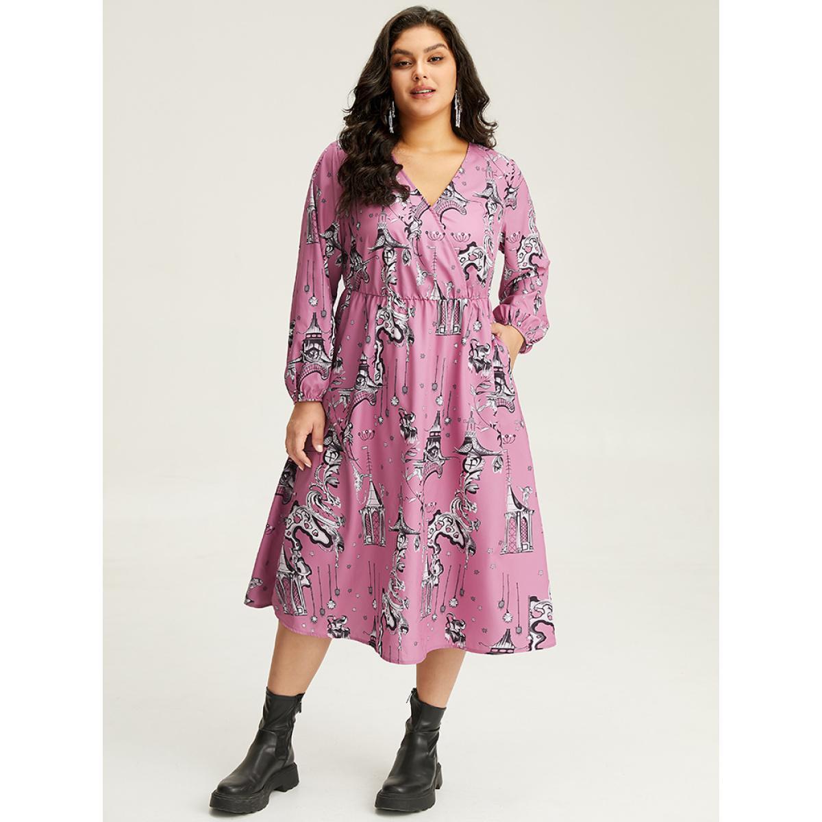 Plus Size Halloween Print Chiffon Lantern Sleeve Wrap Dress Watermelon Women Elegant Elastic cuffs V-neck Long Sleeve Curvy Midi Dress BloomChic 18-20/2X Product Image