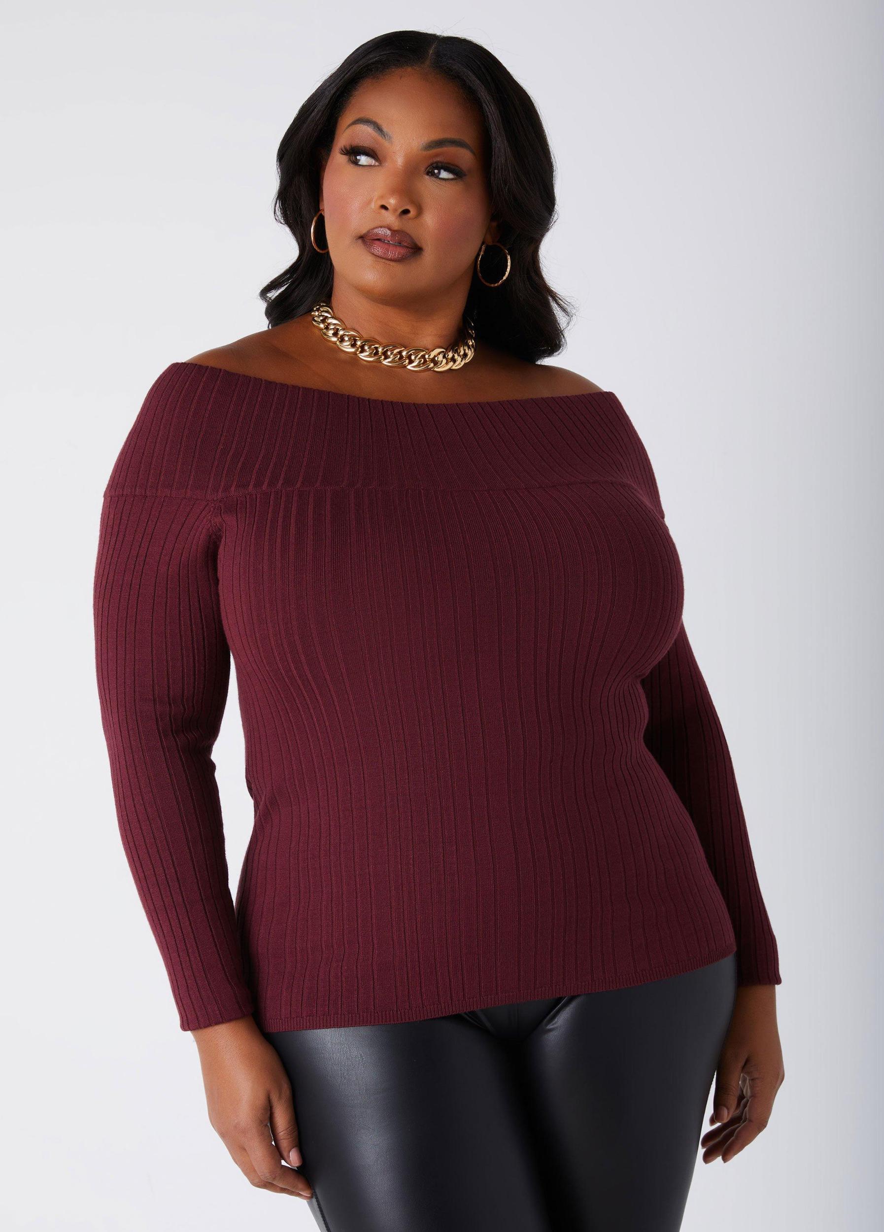 Plus Size Off The Shoulder Ribbed Sweater Ashley Stewart Product Image