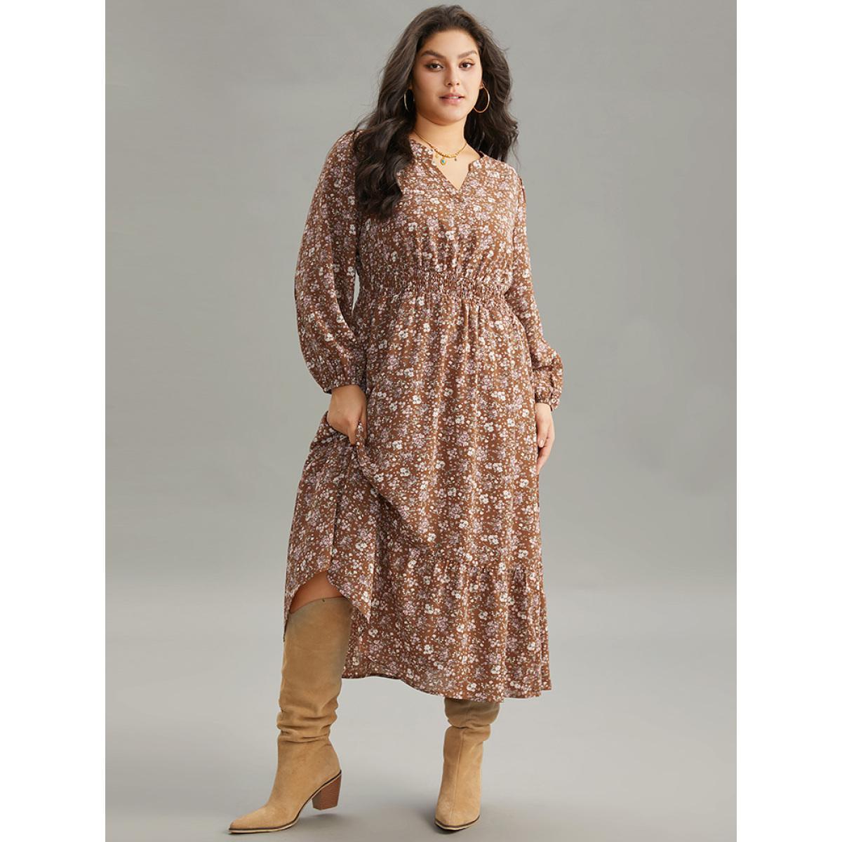 Plus Size Ditsy Floral Notched Flutter Hem Dress Chocolate Women Elegant Elastic cuffs Notched collar Long Sleeve Curvy Midi Dress BloomChic 18-20/2X Product Image