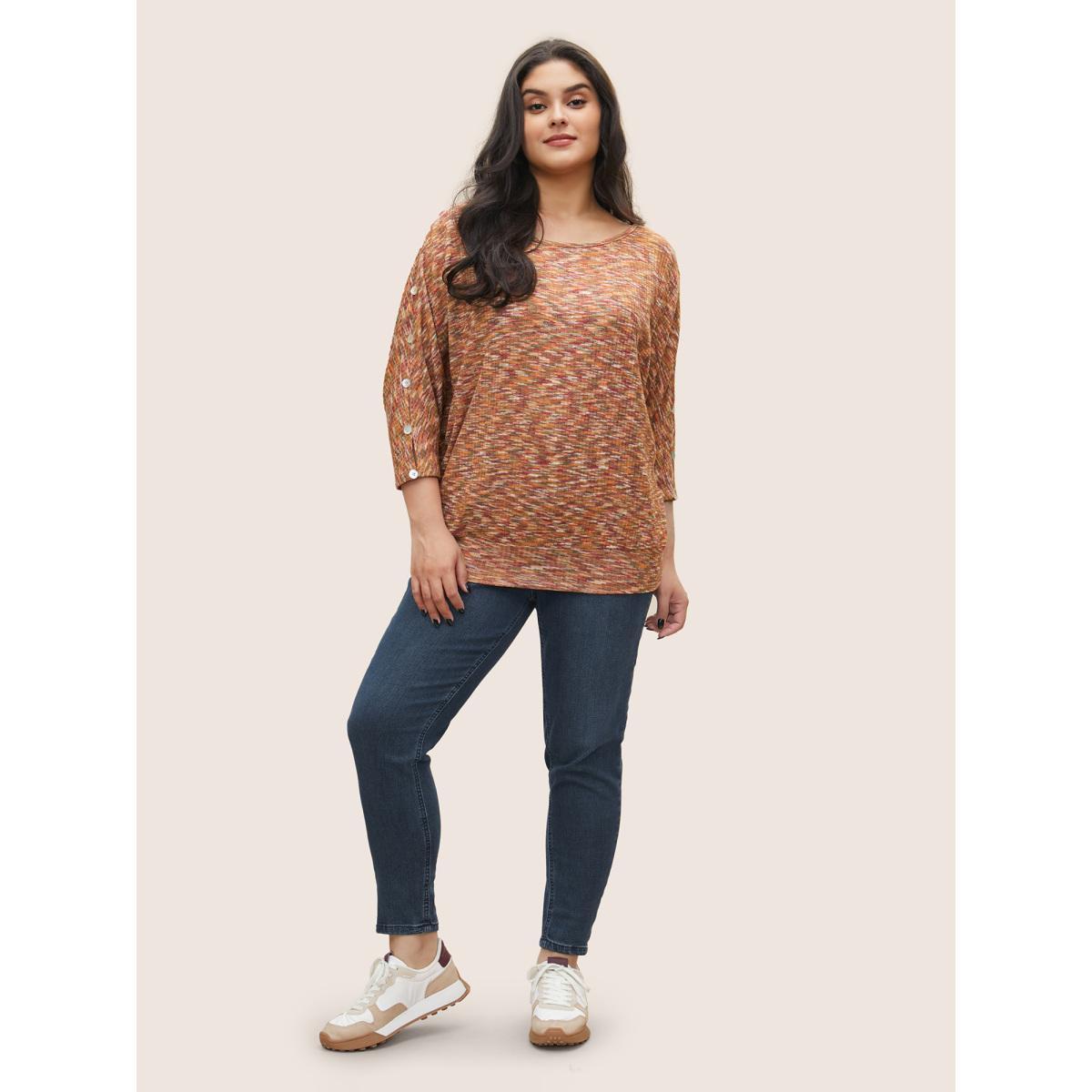 Plus Size Contrast Heather Texture Cut Out T-shirt Multicolor Women Casual Patchwork Plain Round Neck Everyday T-shirts BloomChic 30/6X Product Image