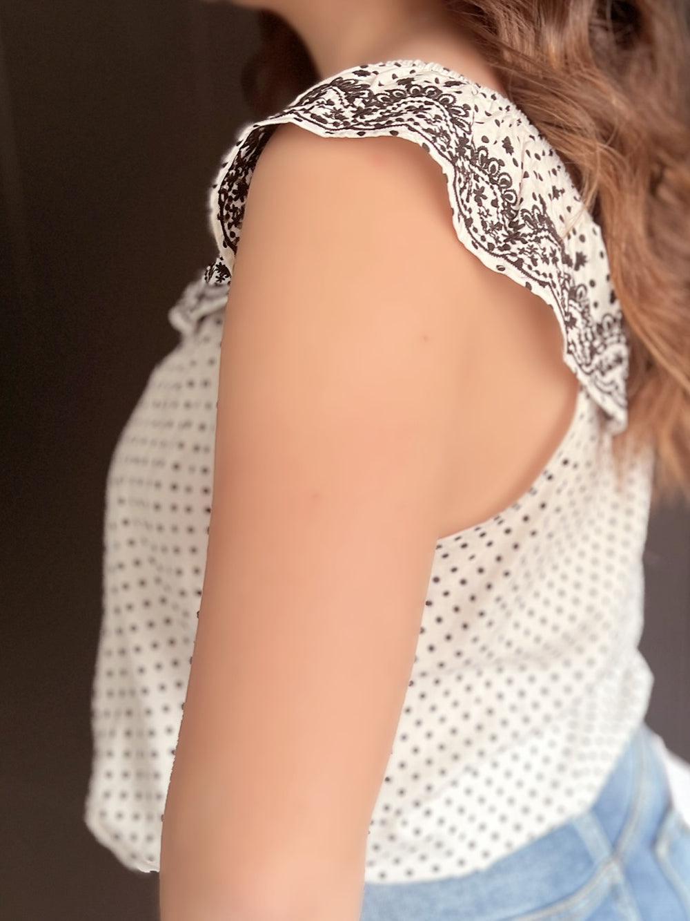 Ivory & Black Dot Embroidered Floral Ruffle Top Product Image