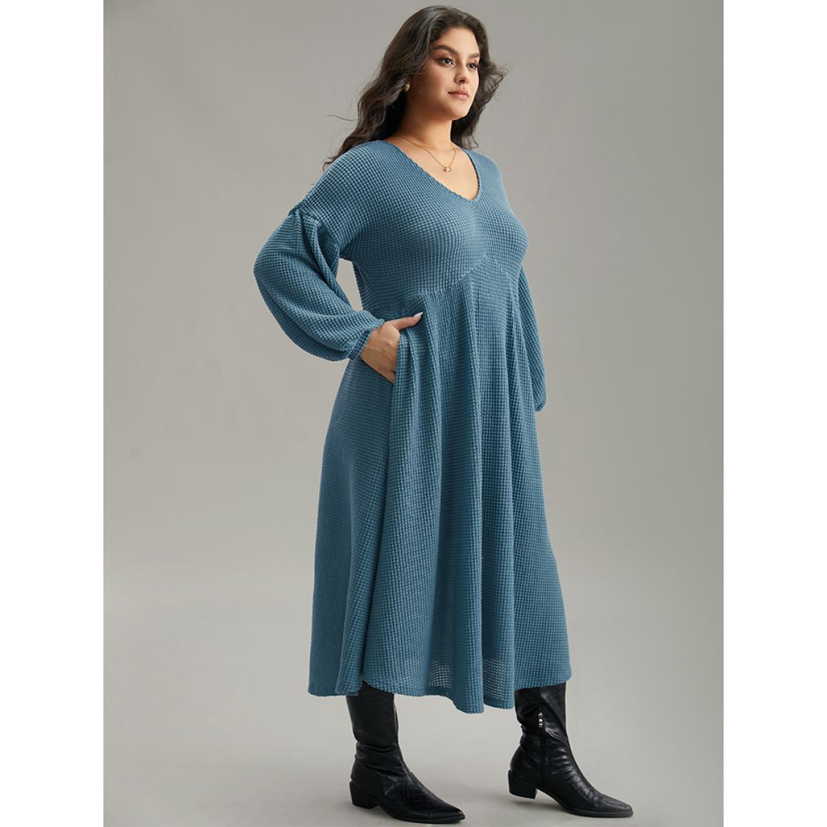 Plus Size Solid Waffle Knit Pocket Lantern Sleeve Dress Aegean Women Casual Texture V-neck Long Sleeve Curvy Midi Dress BloomChic 26/4X Product Image