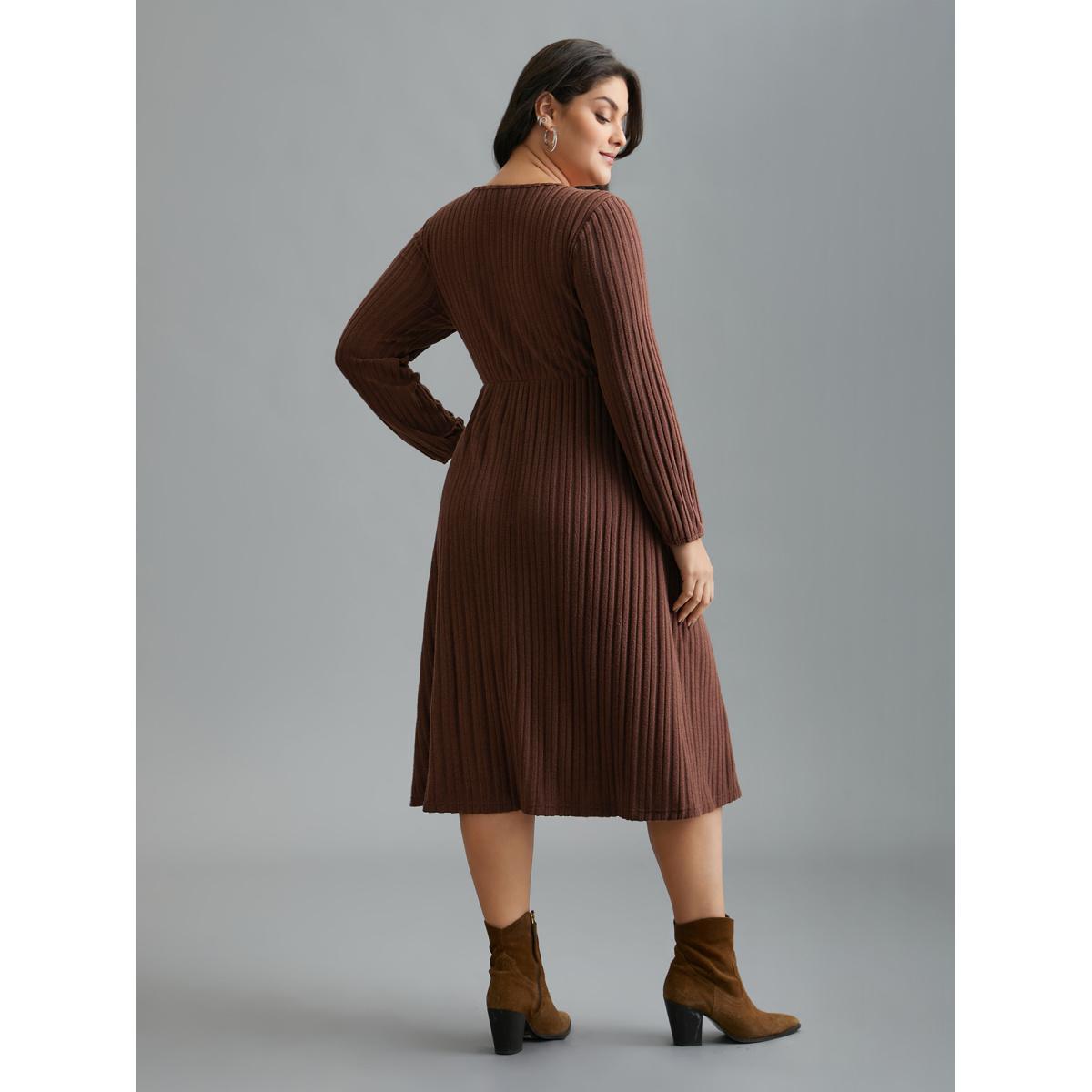 Plus Size Stretchy Waist Defining Knit Midi Dress Rust Women Casual Texture Knit Dresses Bloomchic 26/4X Product Image