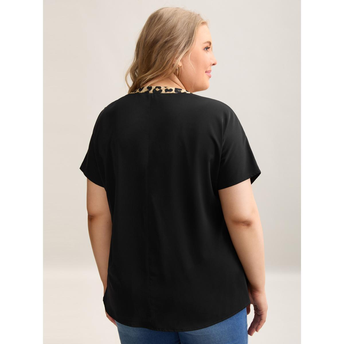 Plus Size Black Leopard Print Spliced Plain Blouse Women Resort Sleeveless Non Vacation Blouses BloomChic 12/L Product Image