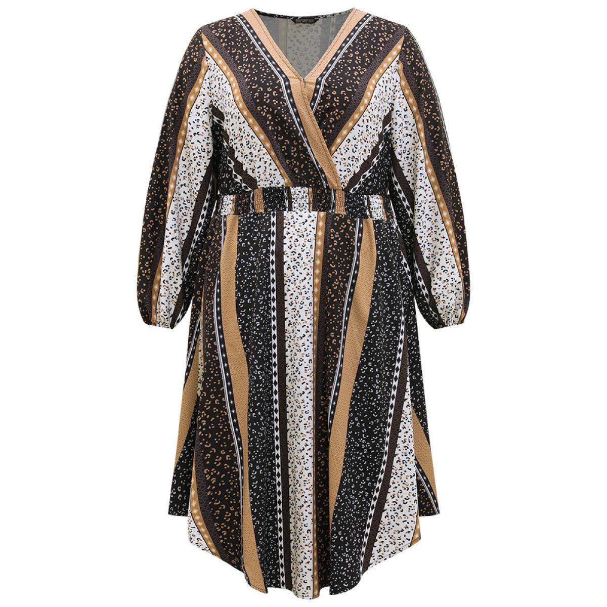 Plus Size Boho Print Striped Shirred Wrap Dress Leopard Women Vacation Elastic cuffs V-neck Long Sleeve Curvy Midi Dress BloomChic 12/L Product Image