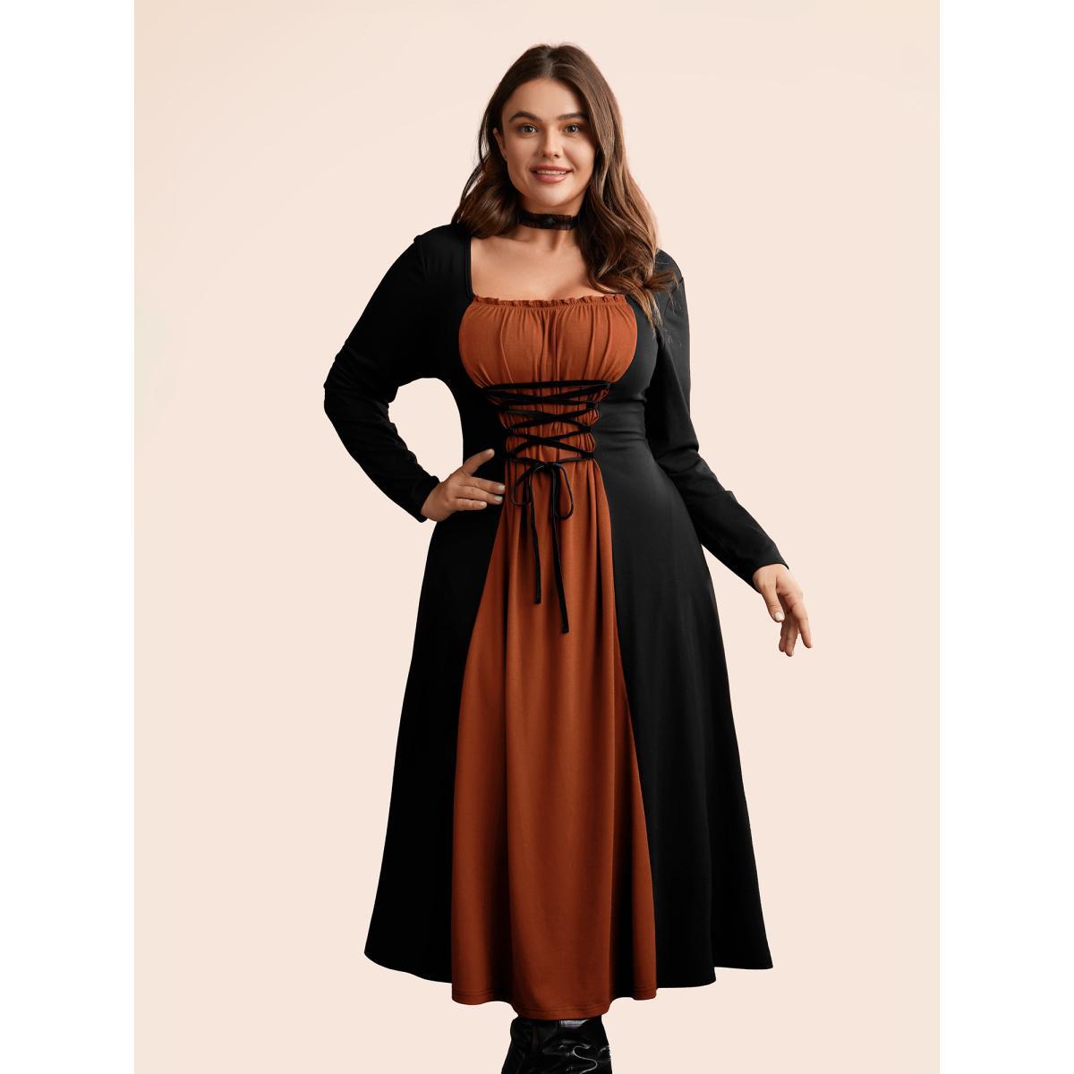 Plus Size Stretchy Knit Adjustable Tie Frill Trim Midi Dress Coral Women Cocktail Wraparound straps Party Curvy Bloomchic 30/6X Product Image