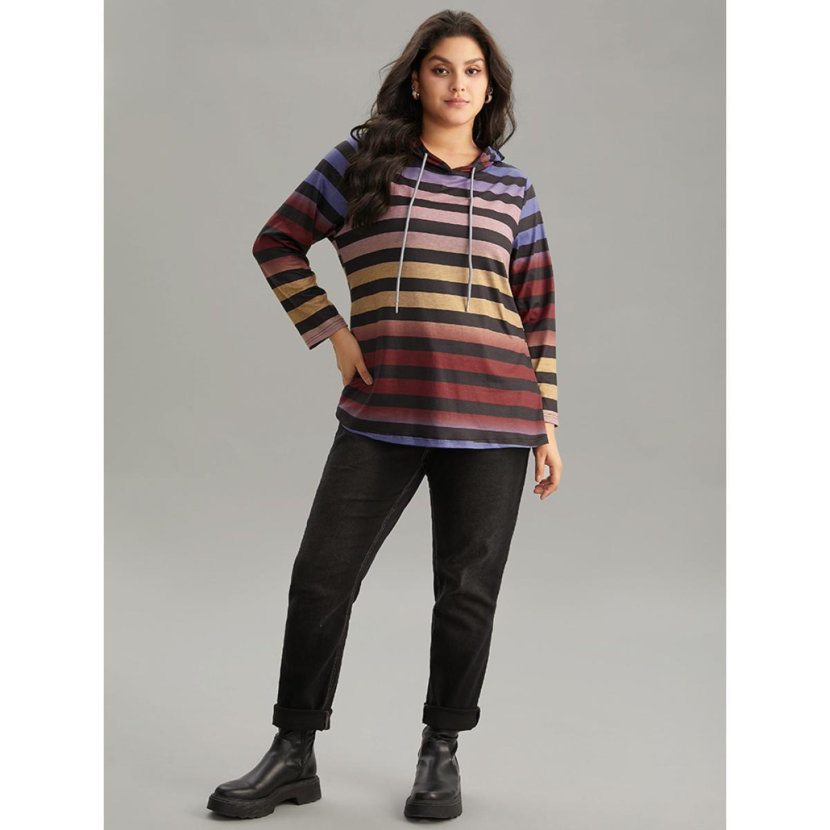 Plus Size Colour Striped Ombre Hooded Drawstring T-shirt Multicolor Women Casual Printed Striped Hooded Dailywear T-shirts BloomChic 18-20/2X Product Image