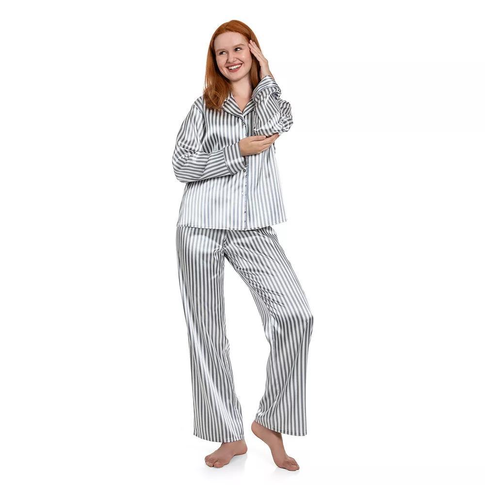 Women's Lilac+London Notch Collar Satin Pajama Top & Pajama Bottom Set, Size: XL, Ivory Pink Product Image