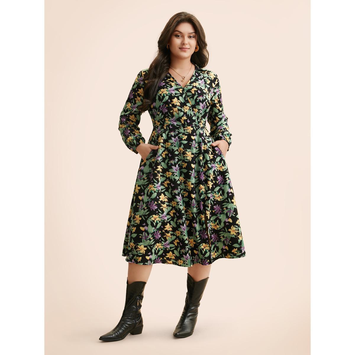 Plus Size Floral Overlap Collar Lantern Sleeve Dress Black Women Elegant Non Overlap Collar Long Sleeve Curvy BloomChic 12/L Product Image