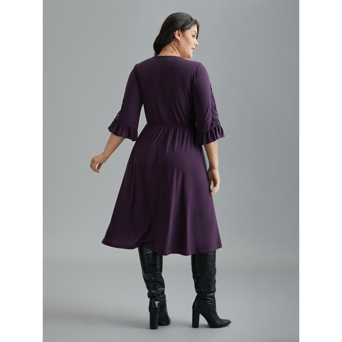 Plus Size V Neck Plain Crochet Lace Mesh Dress Deeppurple Women Elegant Woven ribbon&lace trim Knit Dresses Bloomchic 10/M Product Image