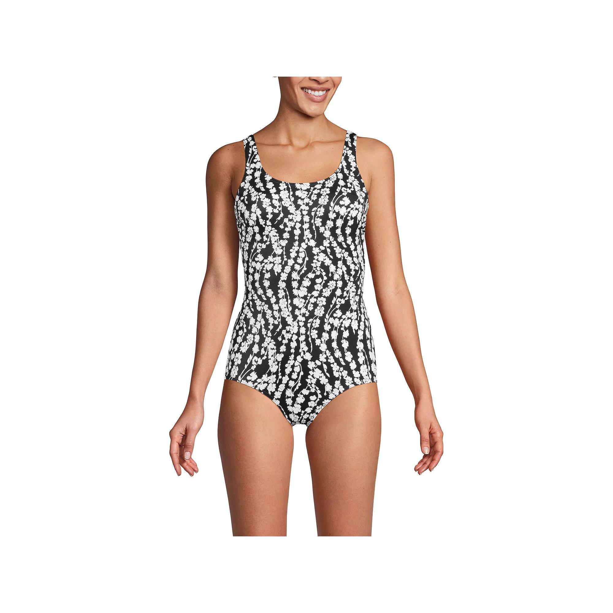 Women's Lands' End D-Cup Chlorine-Resistant Tugless Sporty One-Piece Swimsuit, Size: 12D, Black White Floral Product Image