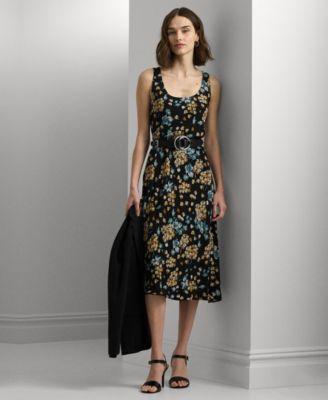 Lauren Ralph Lauren Womens Floral Belted Crepe Sleeveless Dress Product Image