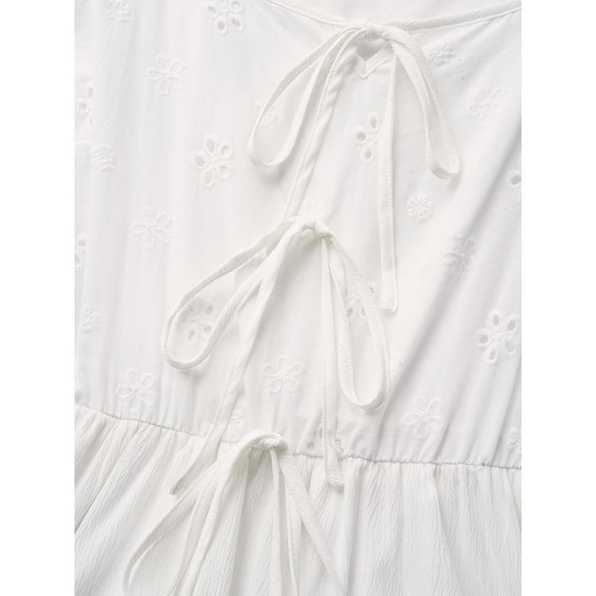 Plus Size Broderie Anglaise Ties Ruffle Layered Hem Dress Originalwhite Women Elegant Tie knot V-neck Short sleeve Curvy BloomChic 12/L Product Image
