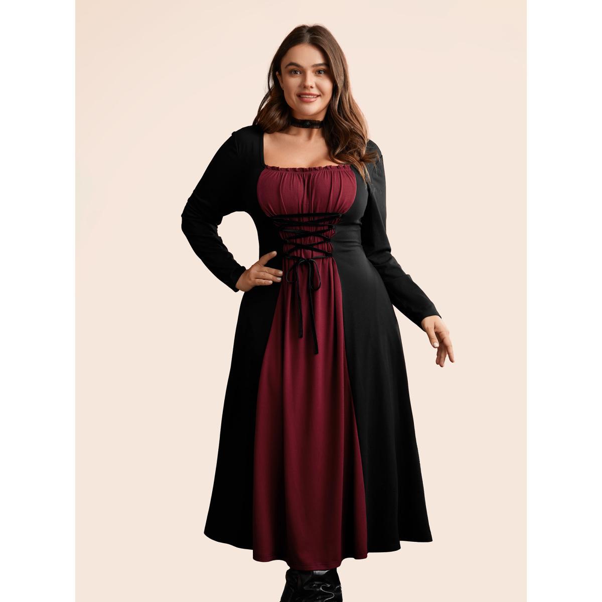 Plus Size Stretchy Knit Adjustable Tie Frill Trim Midi Dress Black Women Cocktail Wraparound straps Party Curvy Bloomchic 14-16/1X Product Image