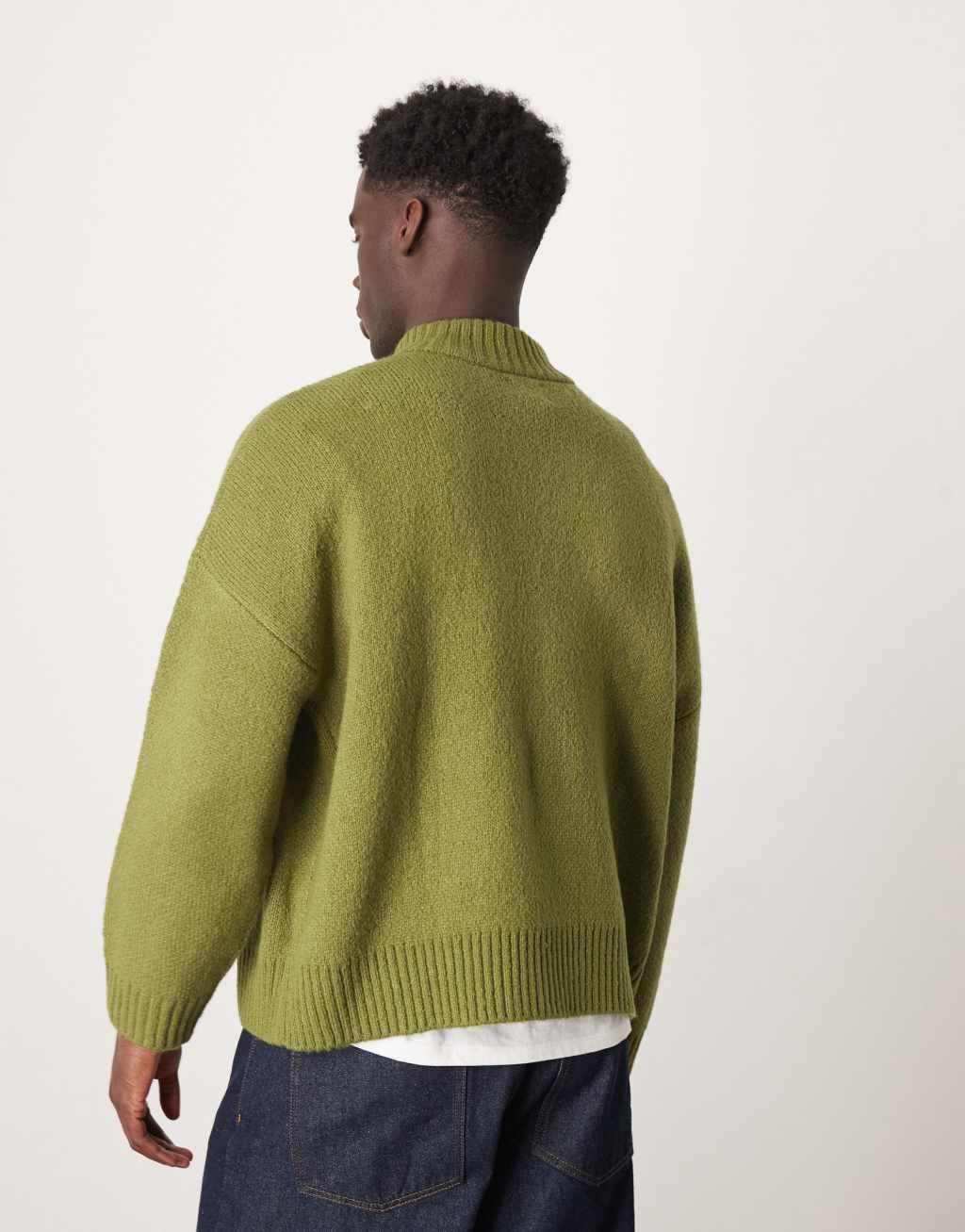 ASOS DESIGN super oversized boxy fit brushed knitted quarter zip sweater in khaki Product Image