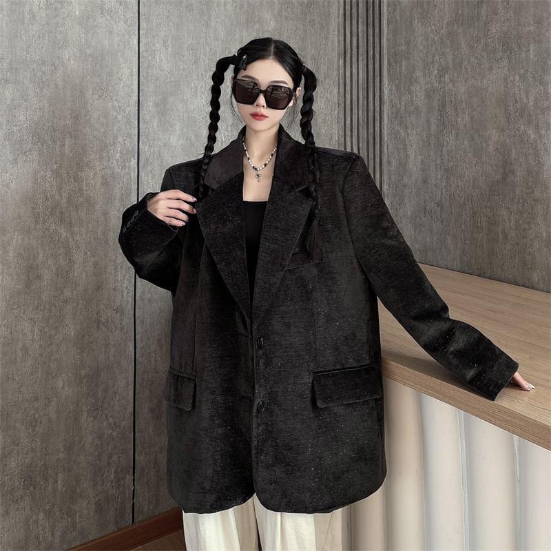 Notch Lapel Glitter Single-Breasted Oversized Velvet Blazer Product Image