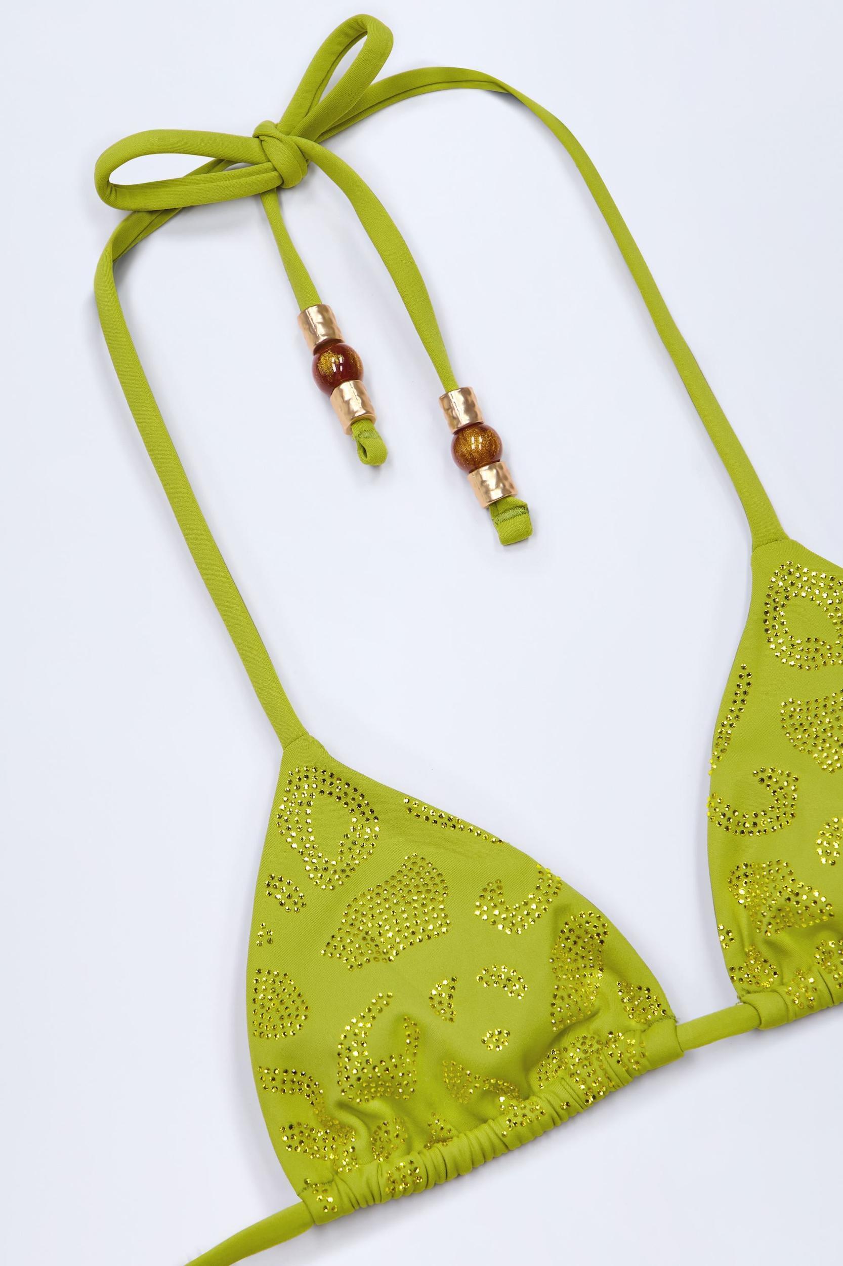 Bead-Detail Triangle Bikini Top in Olive Leopard Hotfix Product Image