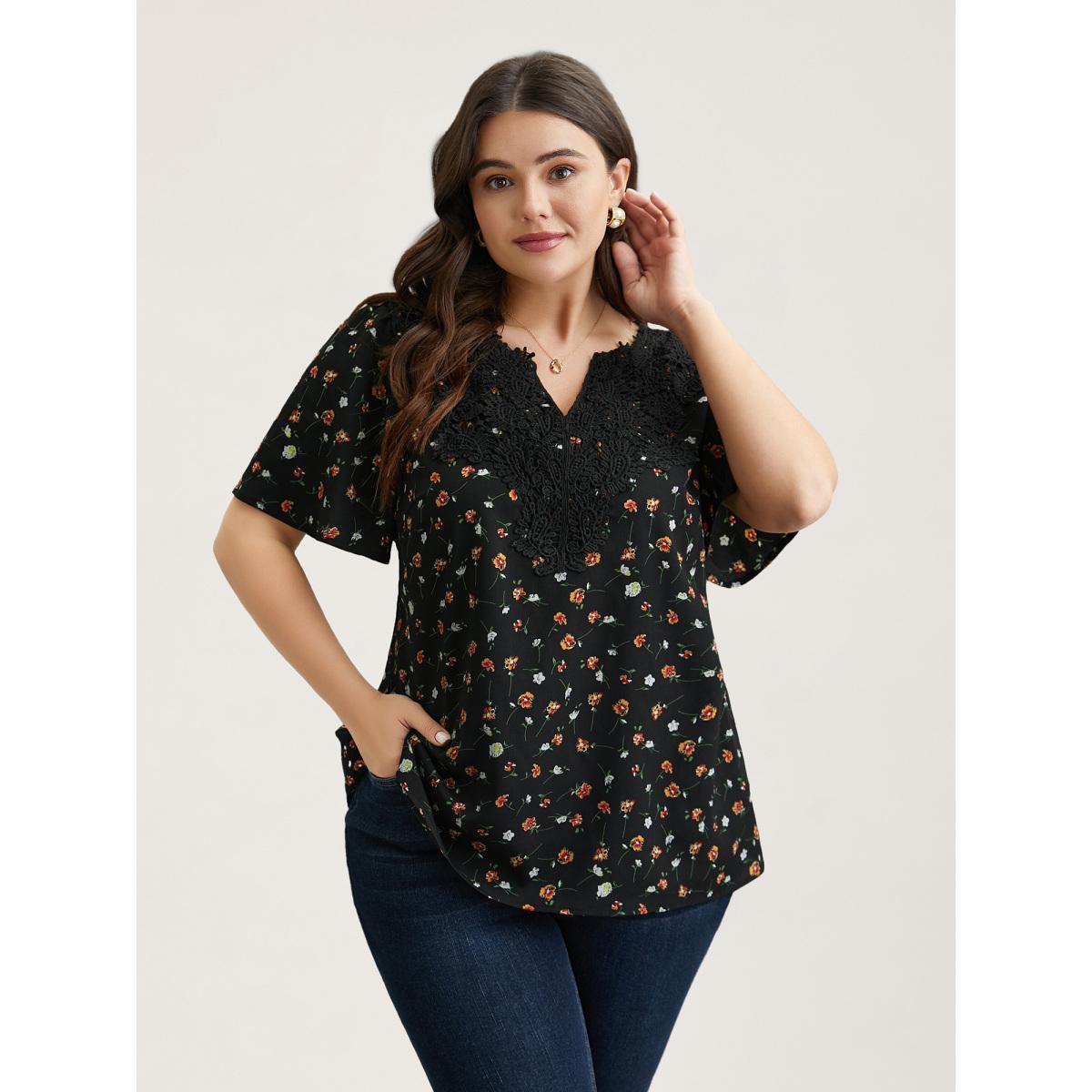 Plus Size Black Lace Spliced Floral Print Notched Collar Blouse Women Elegant Short sleeve Notched collar Everyday Blouses BloomChic 12/L Product Image