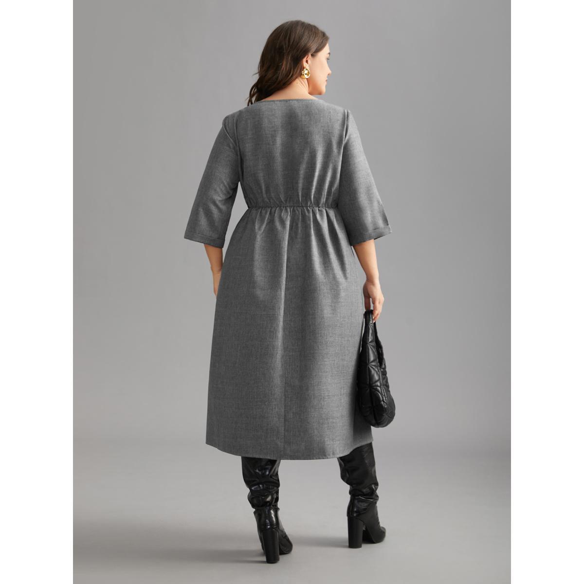 Plus Size Buckled Waist Loops Pleated Midi Dress DarkGray Women At the Office Pleated Boat Neck Elbow-length sleeve Curvy BloomChic 22-24/3X Product Image