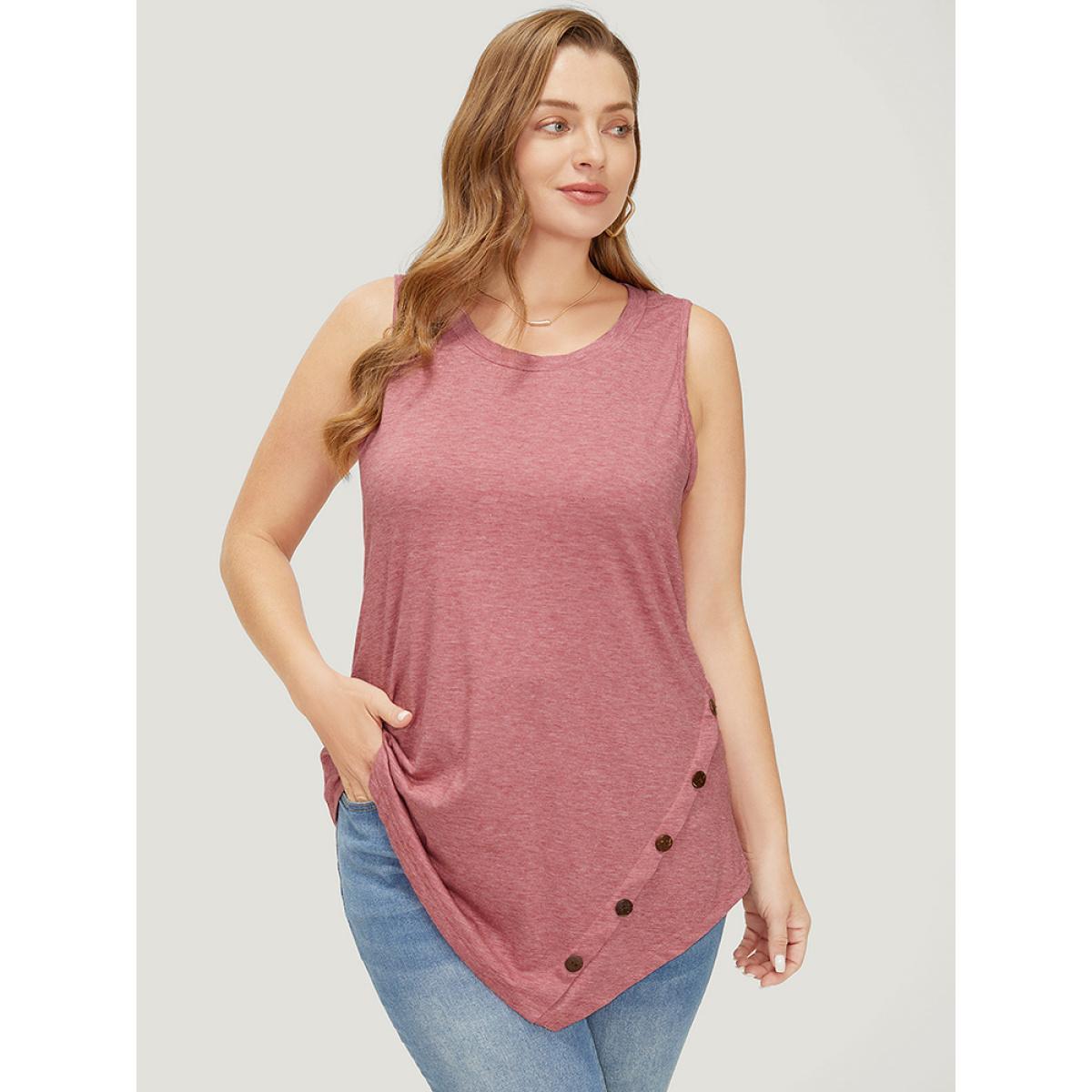 Plus Size Plain Asymmetrical Hem Button Detail Tank Top Women Russet Casual Button Round Neck Dailywear Tank Tops Camis BloomChic 12/L Product Image