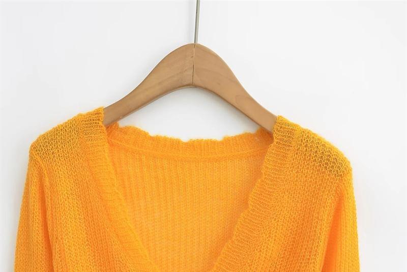 Long-Sleeve V-Neck Plain Sheer Knit Top Product Image