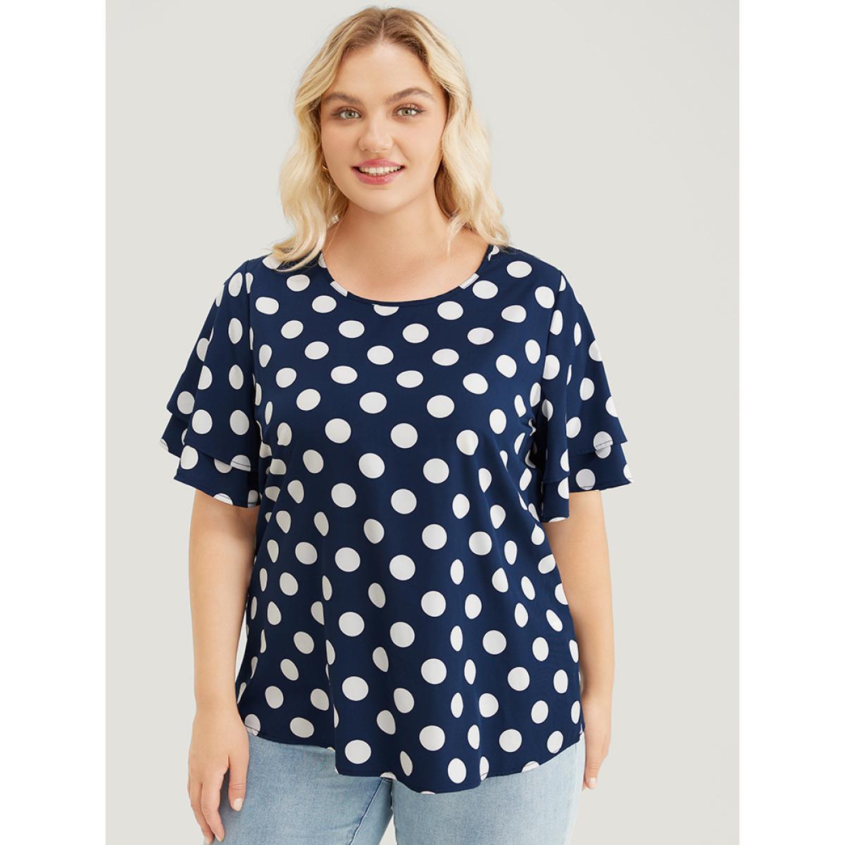 Plus Size Indigo Polka Dot Ruffle Tiered Sleeve Blouse Women Office Short sleeve Round Neck Work Blouses BloomChic 14-16/1X Product Image