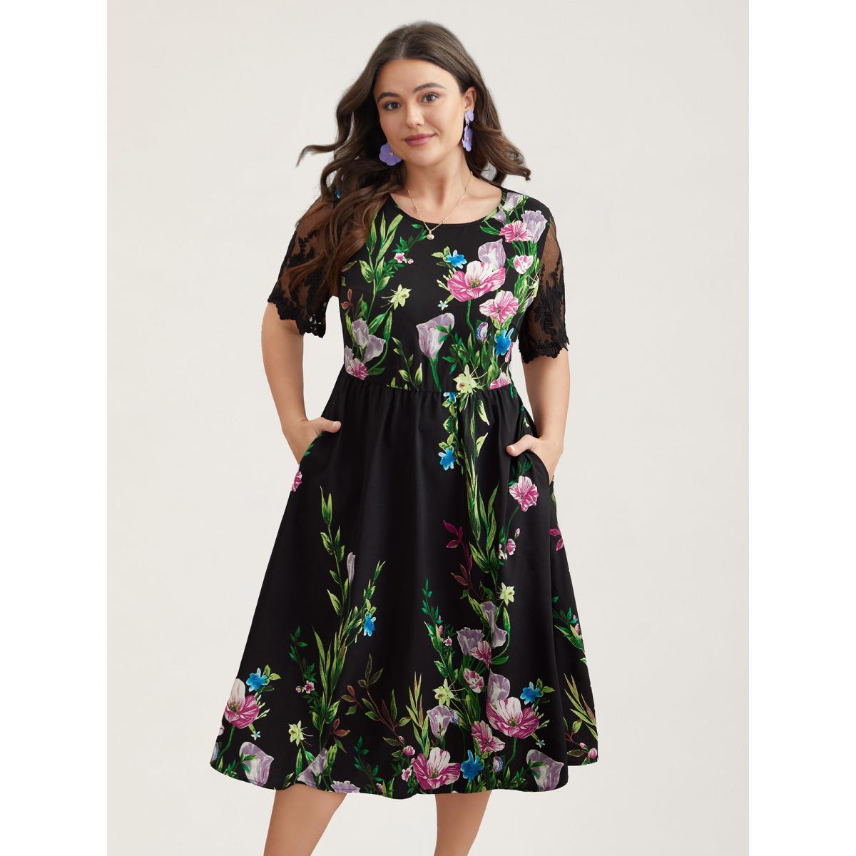 Plus Size Floral Print Flared Sleeve Spliced Midi Dress Black Women Elegant See through Round Neck Short sleeve Curvy BloomChic 28/5X Product Image