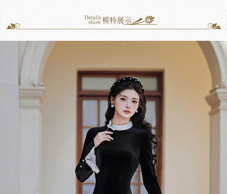 Long-Sleeve Stand Collar Asymmetrical Lace Panel Velvet Maxi A-Line Dress Product Image