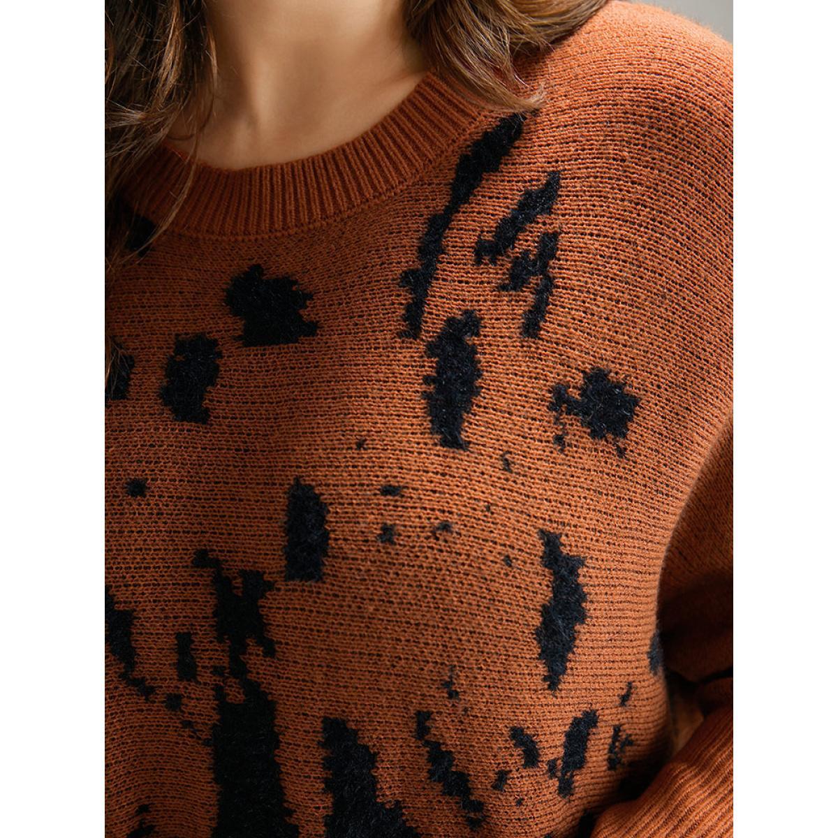Plus Size Leopard Batwing Sleeve Split Hem Pullover Rust Women Casual Loose Long Sleeve Round Neck Dailywear Pullovers BloomChic 14-16/1X Product Image