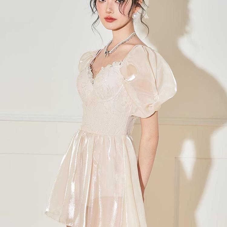 Short Sleeve Sweetheart Neck Floral Patterned Sequin Swimdress Product Image