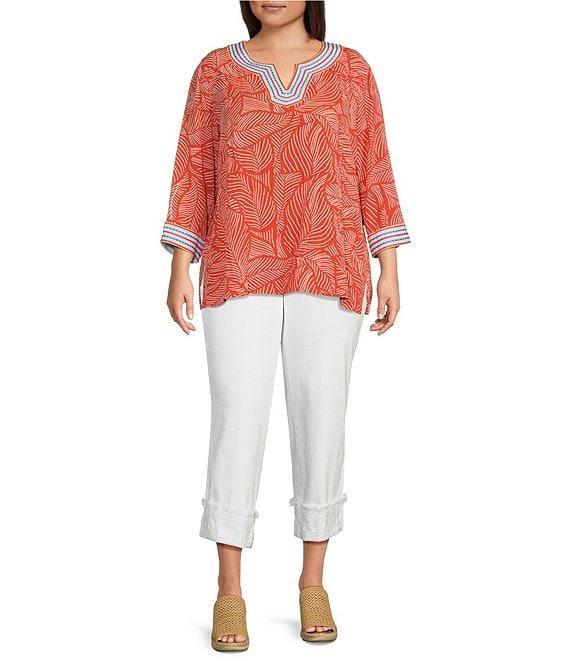 John Mark Plus Size Embroidered Allover Tropical Leaf Print Split V-Neck 3/4 Sleeve Tunic Product Image
