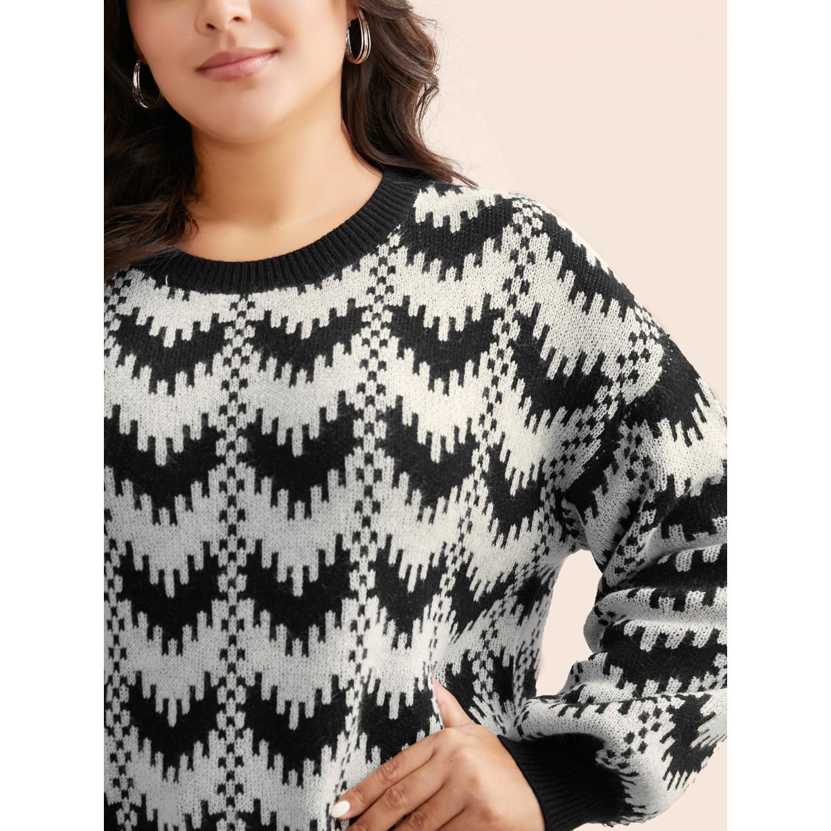 Plus Size Geometric Jacquard Drop Shoulder Sleeve Pullover Black Women Casual Loose Long Sleeve Round Neck Everyday Pullovers BloomChic 14-16/1X Product Image