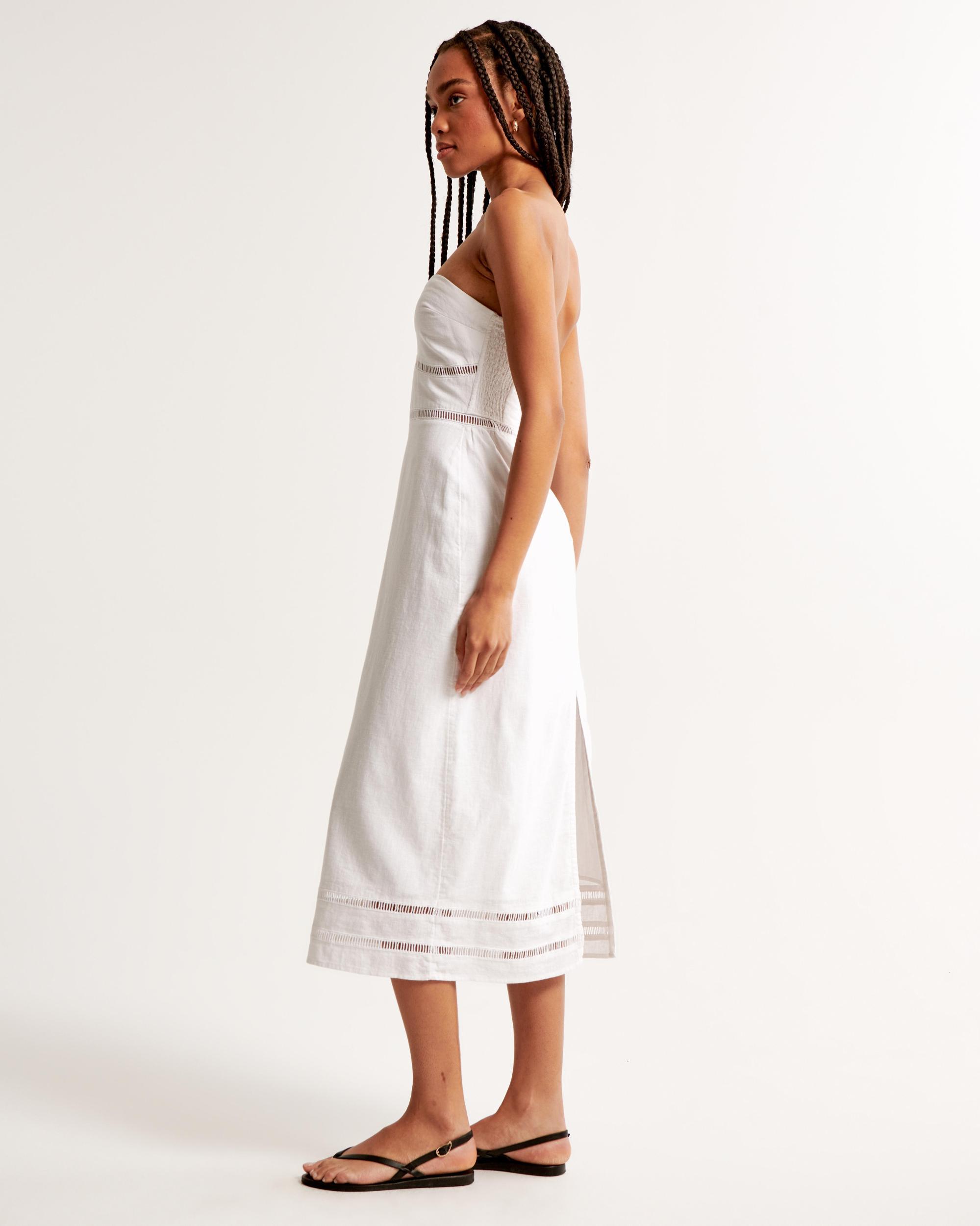 Linen-Blend Strapless Lace-Trim Midi Dress Product Image