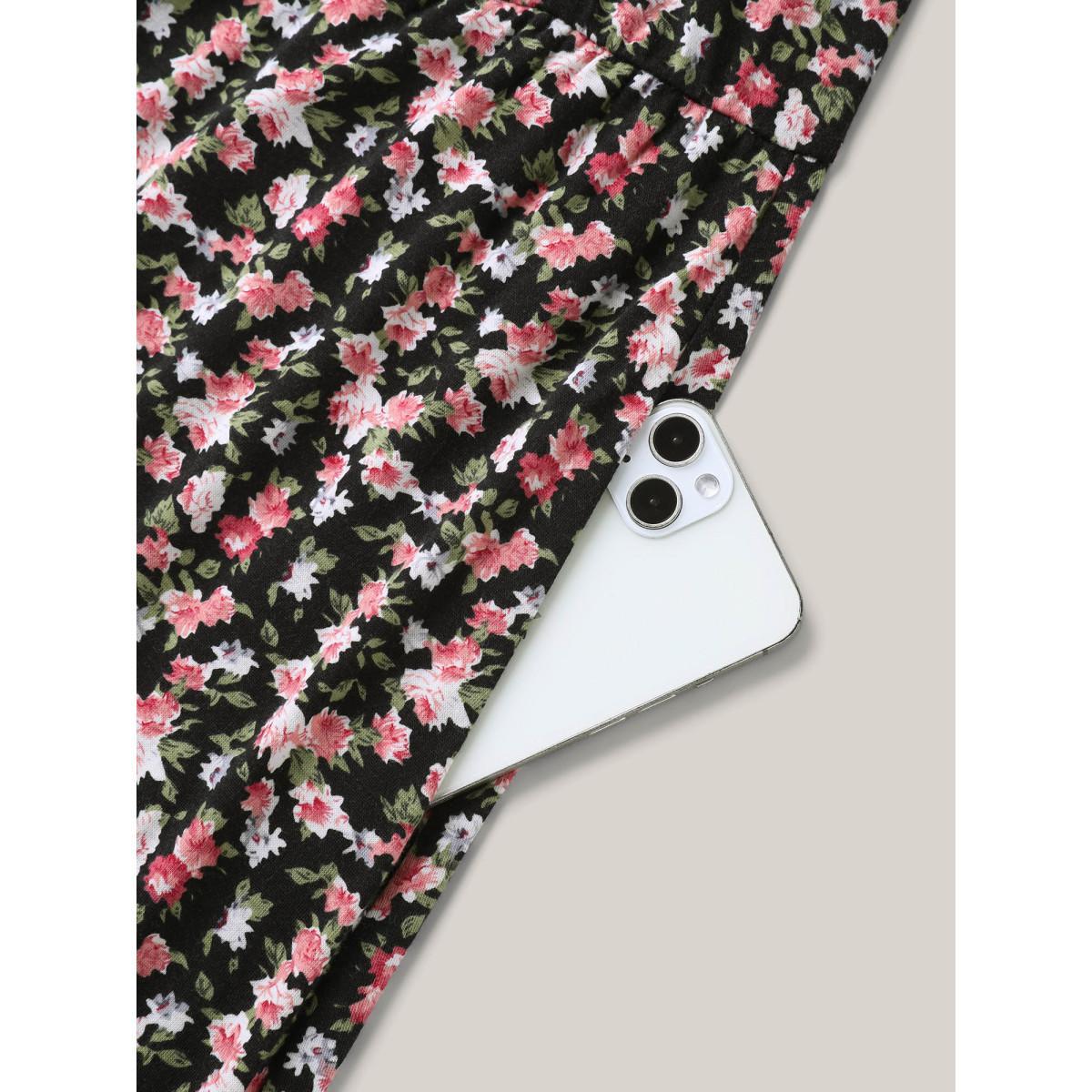 Plus Size Floral Print Square Neck Straight-Fit Midi Dress Black Women Casual Non U-neck Short sleeve Curvy BloomChic 22-24/3X Product Image