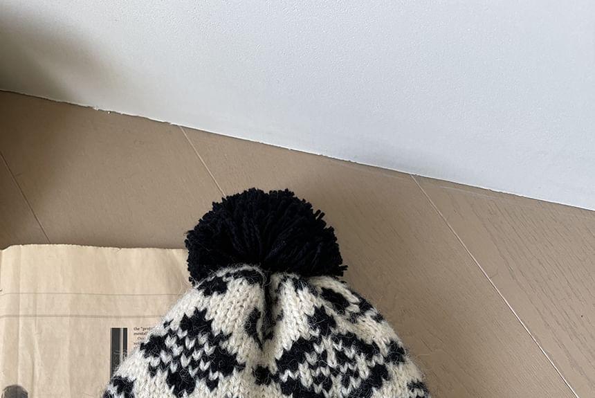 Patterned Pom Pom Knit Beanie Product Image