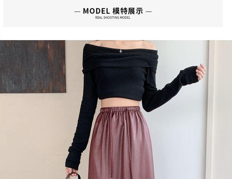 Drawstring Waist Plain Faux Leather Midi A-Line Skirt Product Image