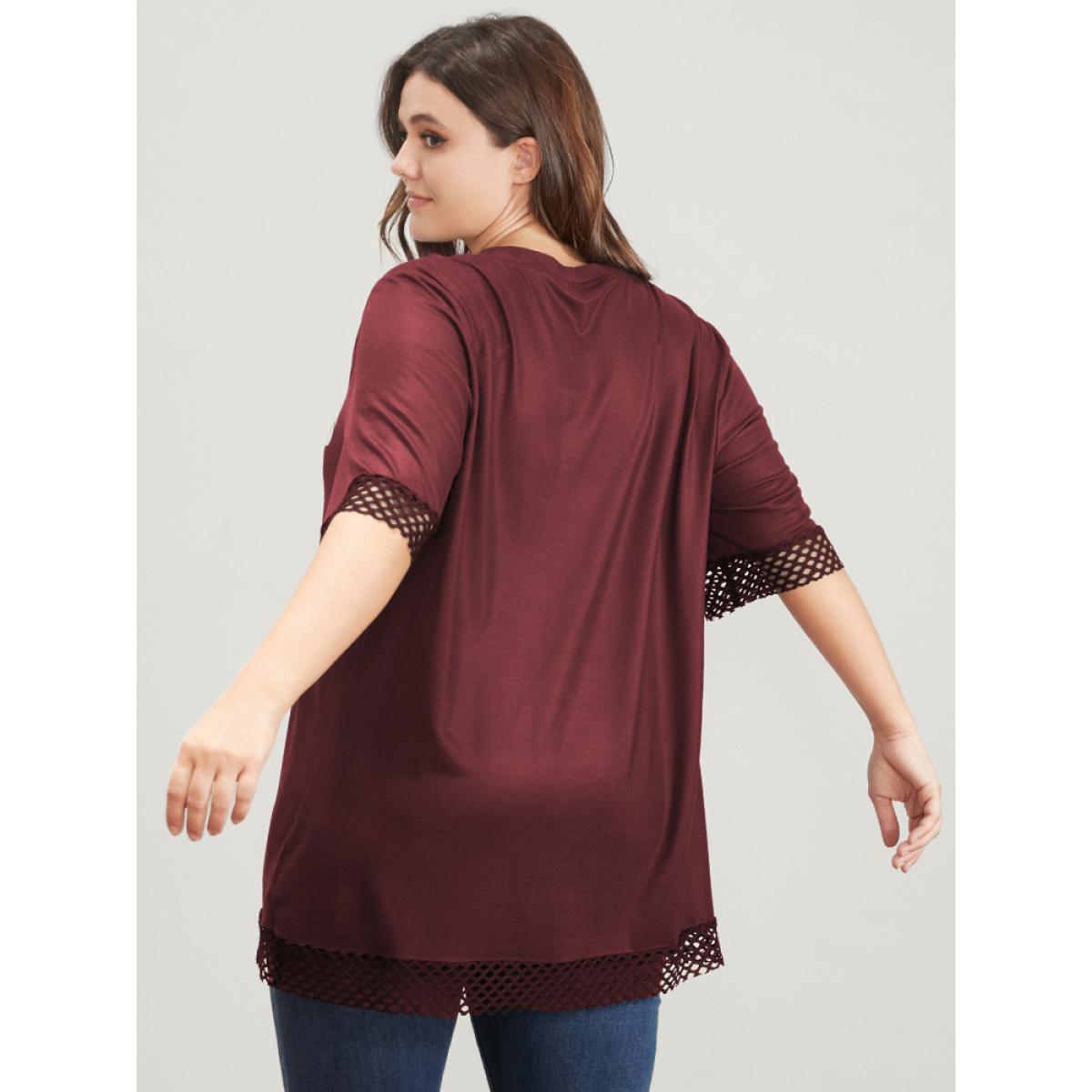 Plus Size Halloween Skeleton Print Fishnet Patch T-shirt Burgundy Women Casual Printed Graphic-Halloween Round Neck Dailywear T-shirts BloomChic 18-20/2X Product Image