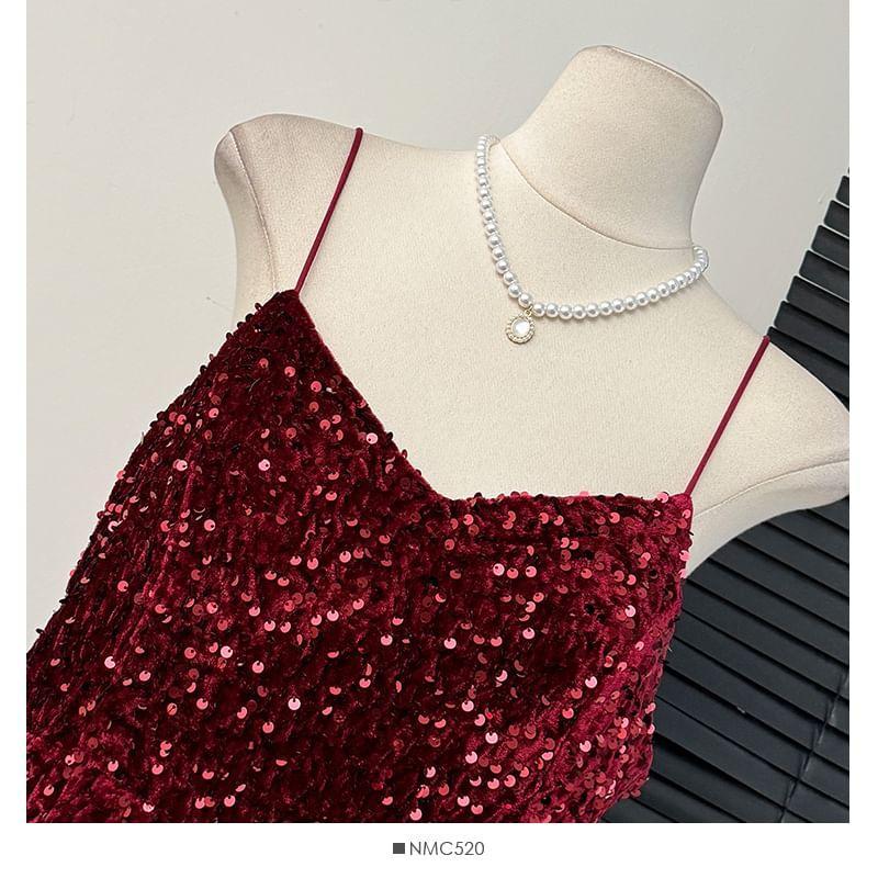 Velvet Sequined Sleeveless V-Neck Maxi Dress Product Image