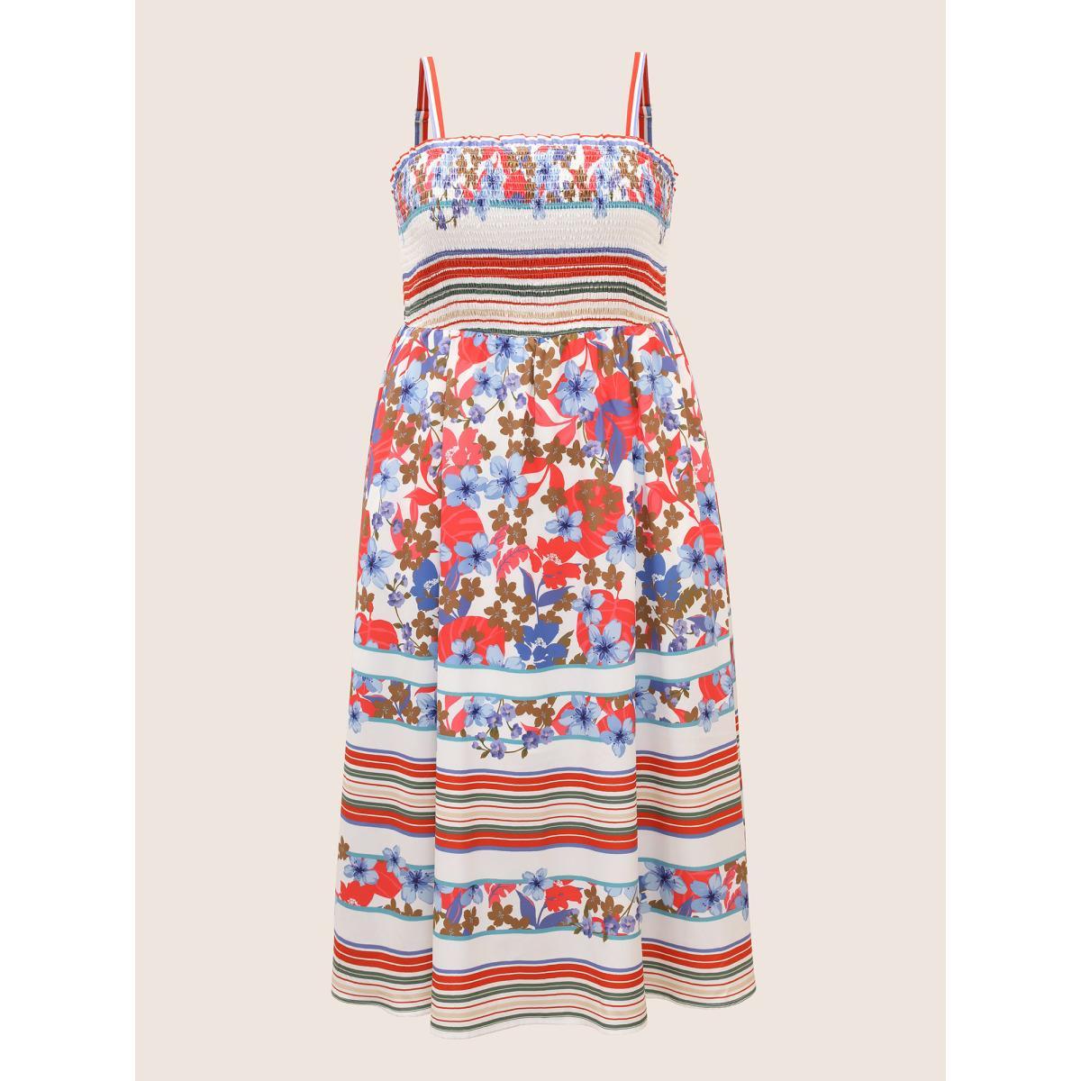 Plus Size Floral Print Shirred Cami Midi Dress Originalwhite Women Resort Square Neck Sleeveless Curvy BloomChic 12/L Product Image