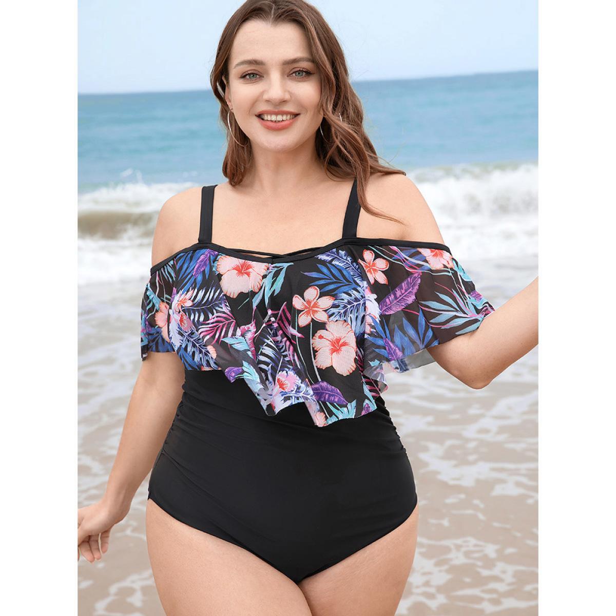 Plus Size Floral Patchwork Asymmetrical Ruffle Trim Crisscross One Piece Swimsuit Women's Swimwear Black Vacation Adjustable Straps Curve Bathing Suits High stretch One Pieces BloomChic 22-24/3X Product Image